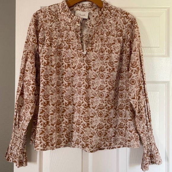 Cloebella Rezza Floral Neutral Metallic Smocked Sleeve Blouse Medium - Picture 6 of 15